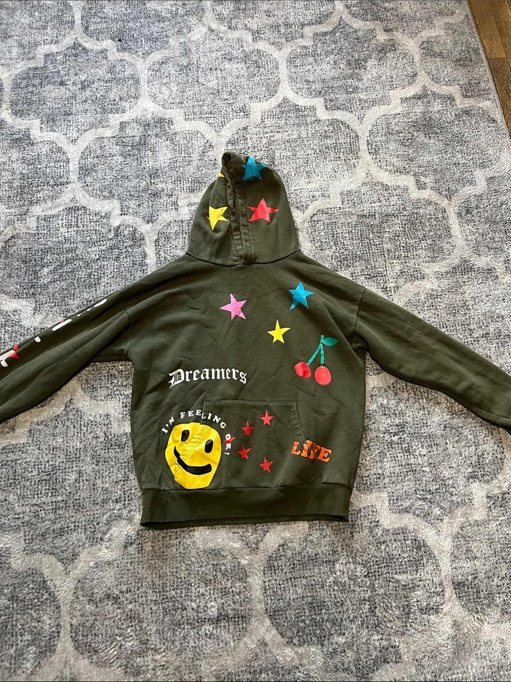 PacSun Olive Green Kids Hoodie with Colorful Stars, Smile & Cherry Prints